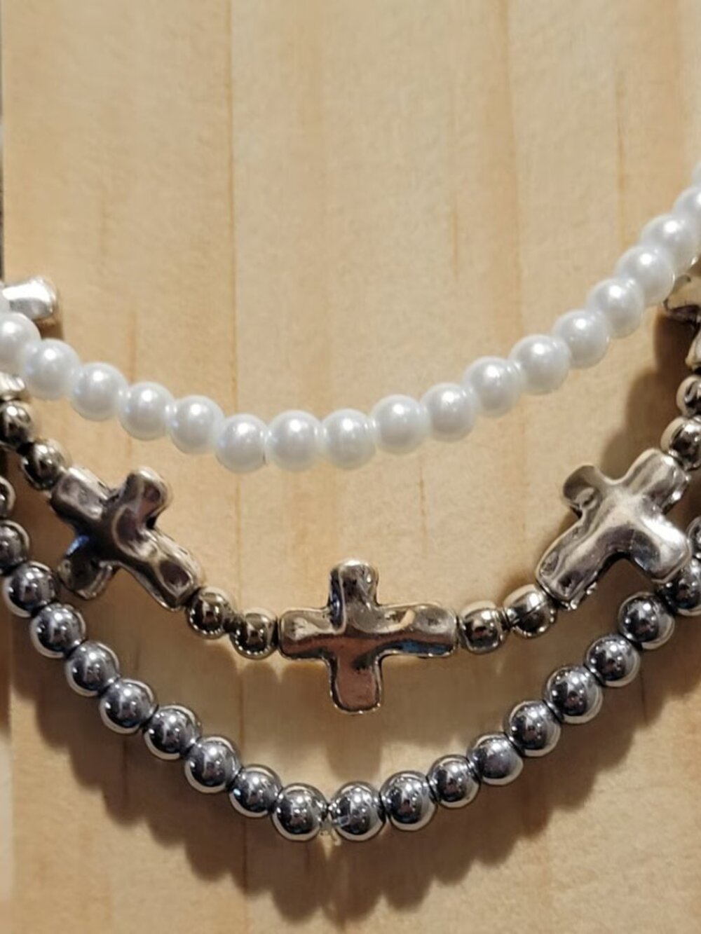 Silver Cross & Pearl Beaded Wrist Wrap Set